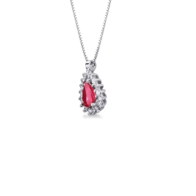 Necklace with diamonds and pear cut ruby pendant