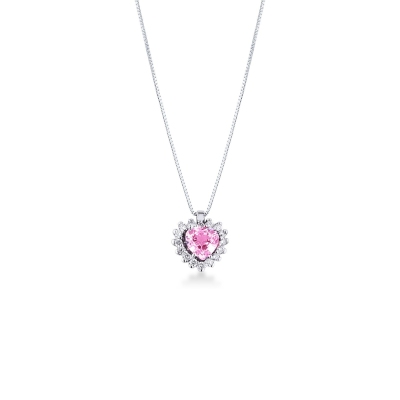 Halo necklace with pink sapphire and diamonds