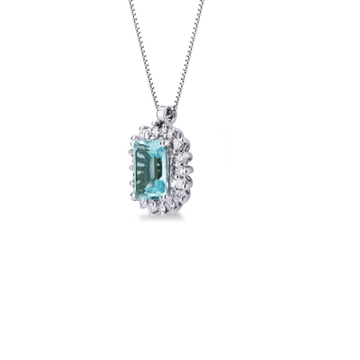 Necklace with diamonds and emerald cut aquamarine pendant