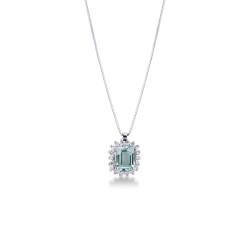 Necklace with diamonds and emerald cut aquamarine pendant