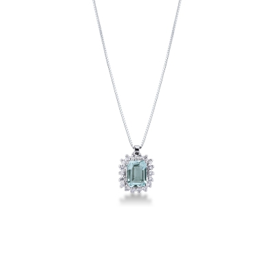 Necklace with diamonds and emerald cut aquamarine pendant