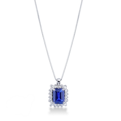 Necklace with pendant, emerald cut blue sapphire and diamonds