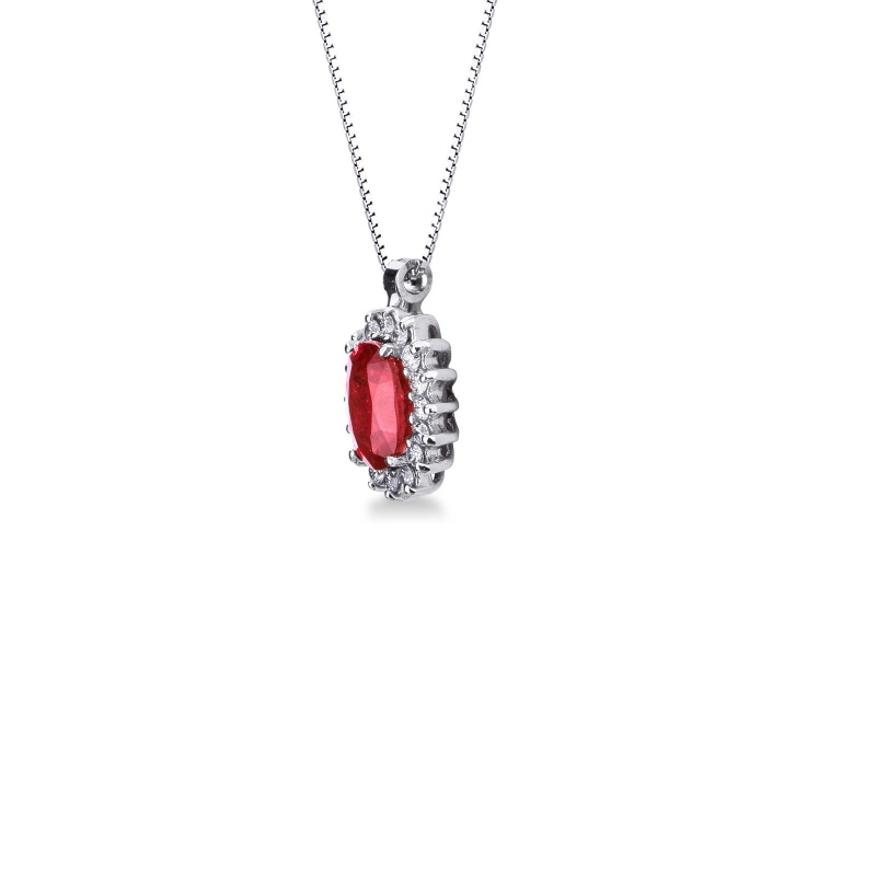 Necklace with central ruby and round cut diamonds