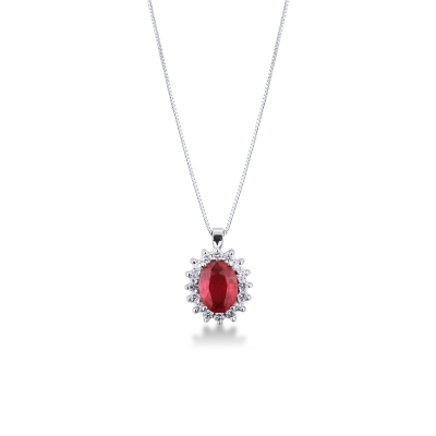 Necklace with central ruby and round cut diamonds
