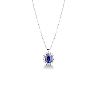 Necklace with pendant, central oval cut blue sapphire and diamonds