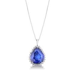 Necklace with pendant, pear cut blue sapphire and round cut diamonds