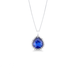 Necklace with pendant, pear cut blue sapphire and diamonds