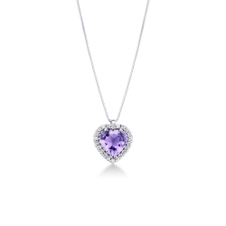 Necklace with pendant,central heart shaped amethyst and diamonds