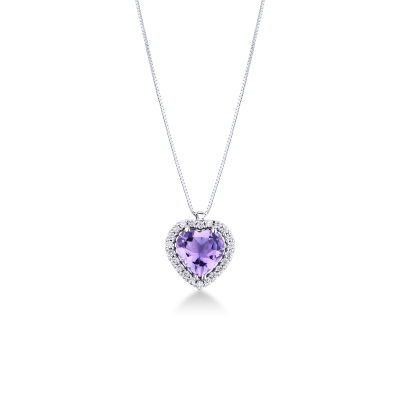 Necklace with pendant,central heart shaped amethyst and diamonds