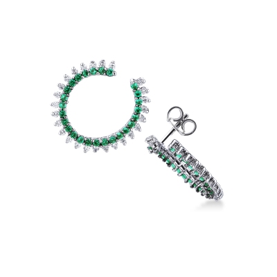Open hoop earrings in white gold 18k with emeralds and diamonds 