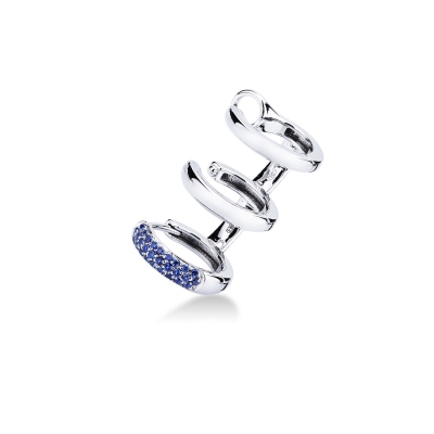 White gold 18k single left earcuff with two glazed circles and one with blue sapphires
