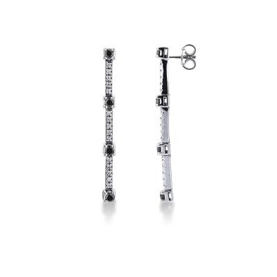 18k white gold alternate drop tennis earrings with black and white rubies