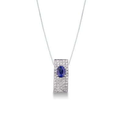 Fancy bar pendant with diamond pavè and oval blue sapphire