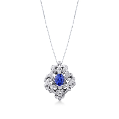 Elegant necklace wih blue sapphire and round cut diamonds