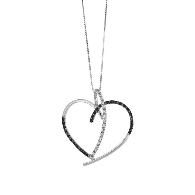 18k white gold fancy heart pendant with black and white diamonds