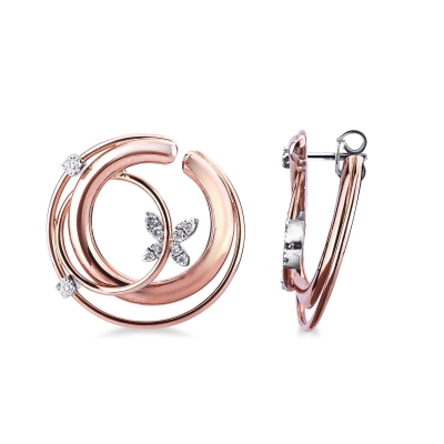 Three rows hoop earrings with diamonds in white and rose gold 18k