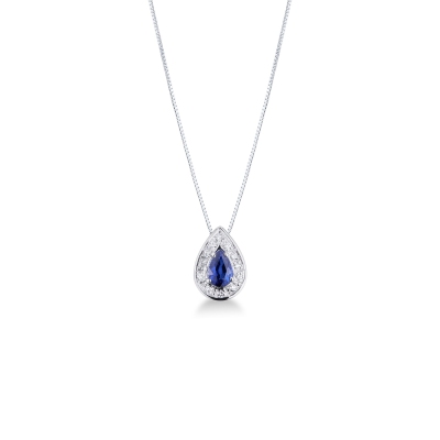 Necklace with pendant, diamonds and a pear cut blue sapphire