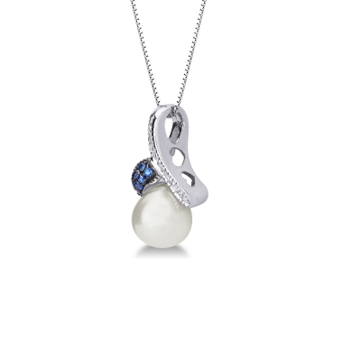Necklace in 18k white gold with a pendant with pearl, diamonds and blue sapphires