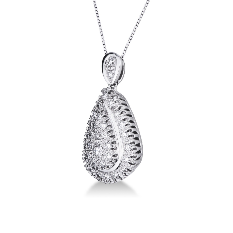 Elegant drop shaped pendant with round cut diamonds