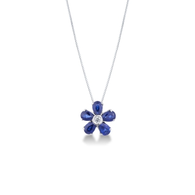 Flower pendant with 5 Drop cut sapphire petals and diamond