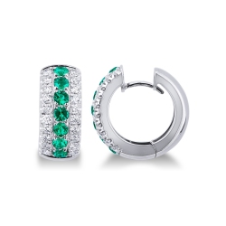 White gold 18k hoop earrings with central emeralds and lateral diamonds 