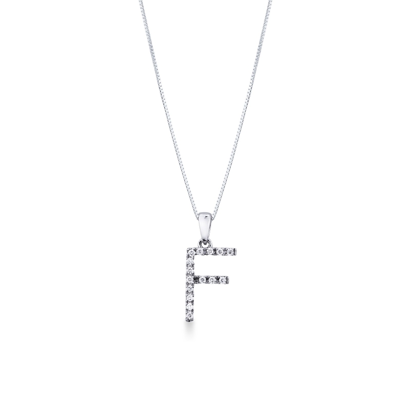 Letter F pendant with diamonds in white gold 18k
