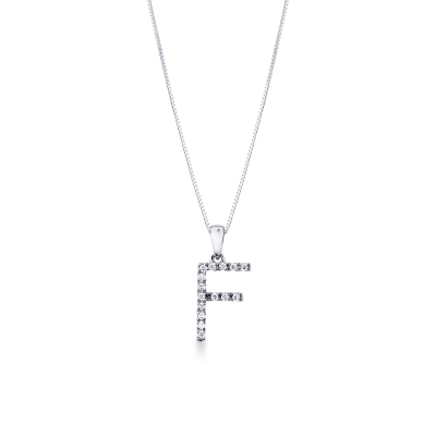 Letter F pendant with diamonds in white gold 18k