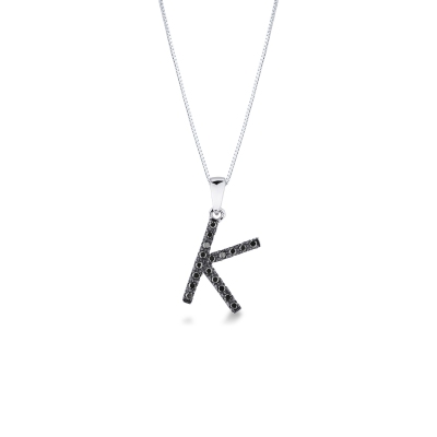 18k white gold necklace with letter k pendant with black diamonds