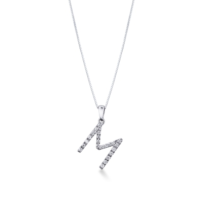 Letter M pendant with diamonds in 18k white gold