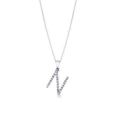 Letter N pendant with diamonds in 18k white gold