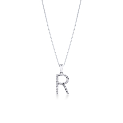 Letter R pendant with diamonds in 18k white gold
