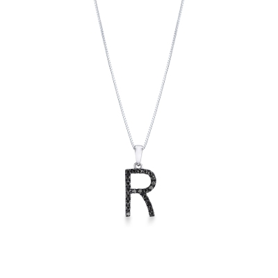 18k white gold letter R with black diamonds