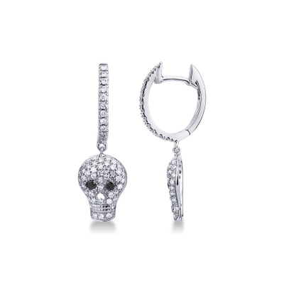 White gold 18k hoop earrings with skulls pendants in white and black diamonds 