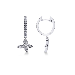 18k white gold hoop earrings with diamond butterfly pendants 