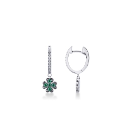 White gold 18k drop earrings with diamonds and emerald four-leaf clover pendant 