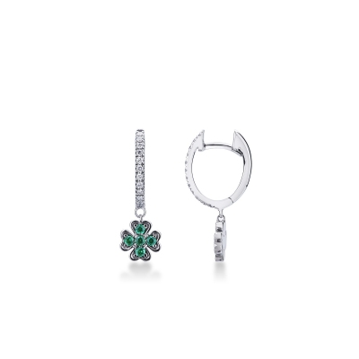 White gold 18k drop earrings with diamonds and emerald four-leaf clover pendant 