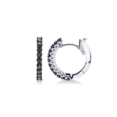 White gold 18k hoop earrings with black diamonds, 13 mm diameter 