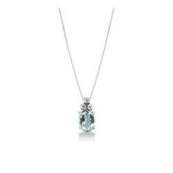 18k white gold necklace with diamonds and oval cut aquamarine pendant