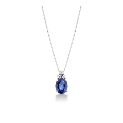 18k white gold necklace with diamonds and oval cut sapphire pendant