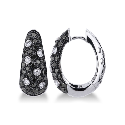 18k white gold hoops with black and white diamonds 