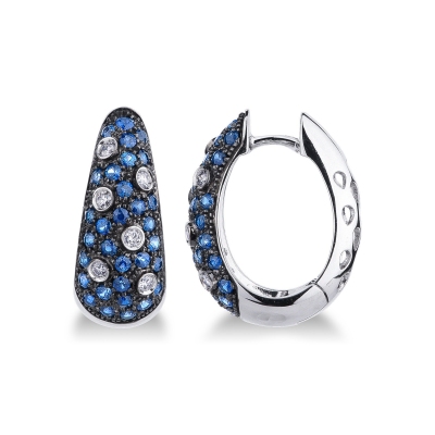 White gold 18k hoop earrings with diamonds and blue sapphires 
