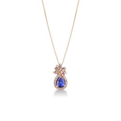 18k rose gold blue sapphire pendant with round cut diamonds