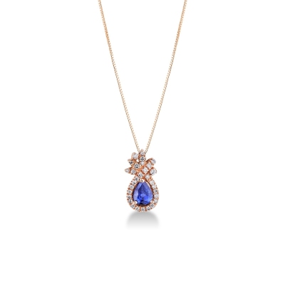 18k rose gold blue sapphire pendant with round cut diamonds