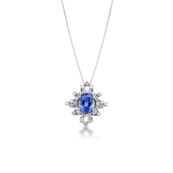 18k white gold necklace with pendant with tanzanite oval cut and diamonds 