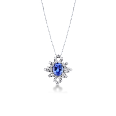 18k white gold necklace with pendant with tanzanite oval cut and diamonds 