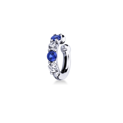 White gold 18k single hoop earring with diamonds and blue sapphires 