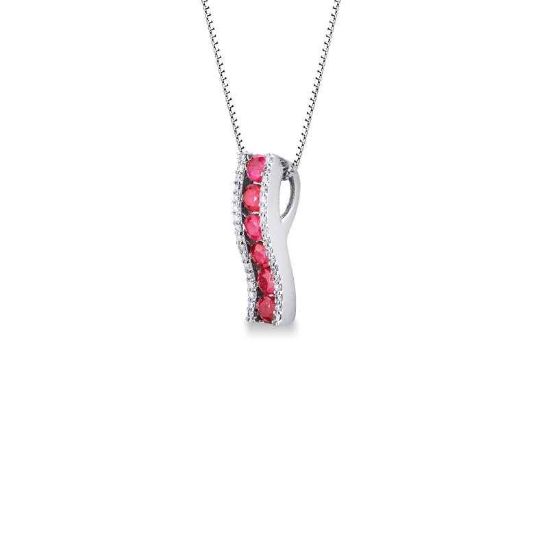 18k white gold fancy bar pendant with diamonds and rubies