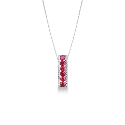 18k white gold fancy bar pendant with diamonds and rubies