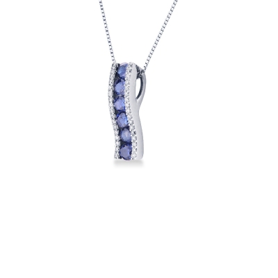 18k white gold bar pendant with diamonds and blue sapphires