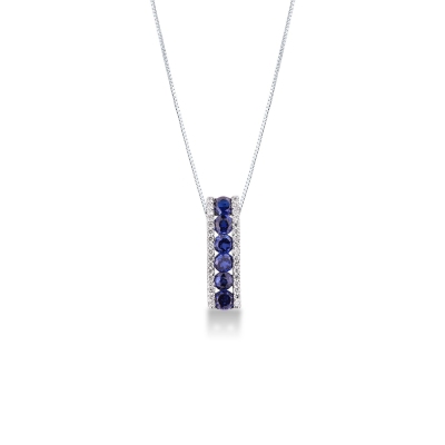 18k white gold bar pendant with diamonds and blue sapphires
